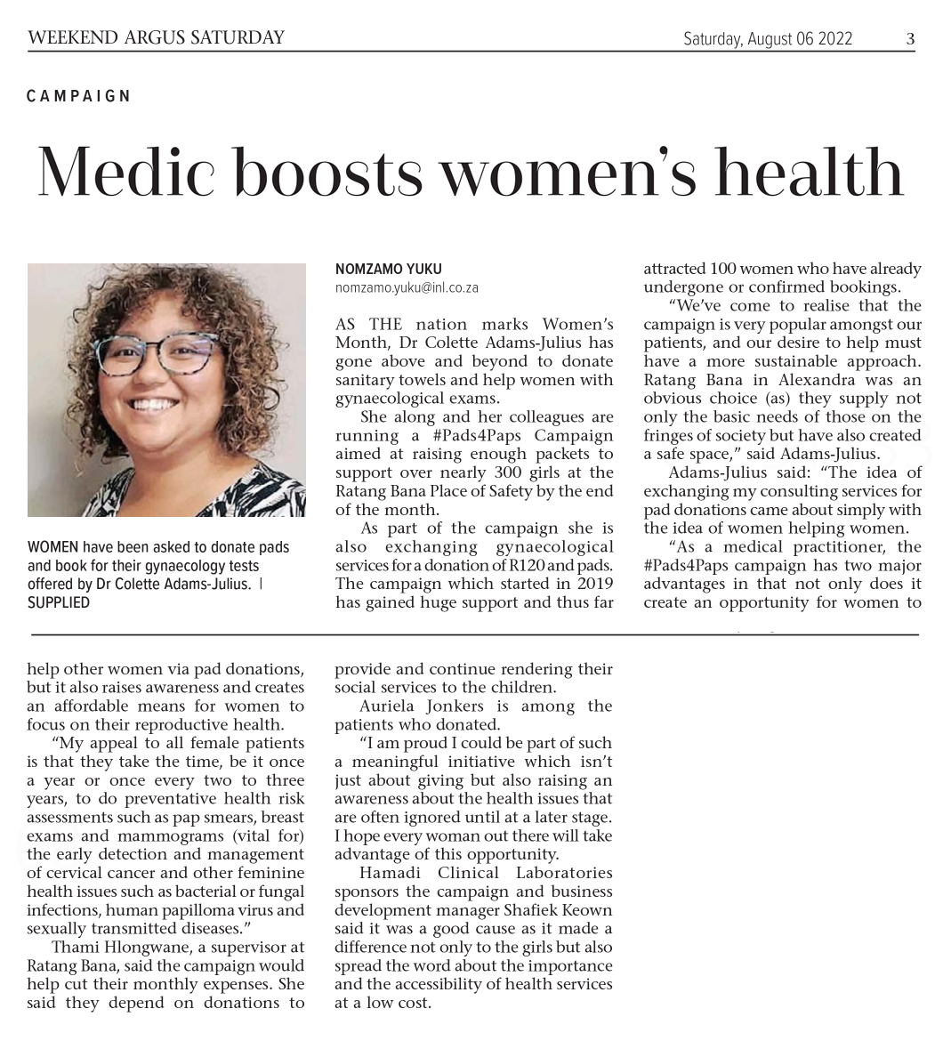 Weekend Argus newspaper article from 6 August 2022 titled Medic boosts women’s health, featuring Dr Colette Adams-Julius and the #Pads4Paps campaign